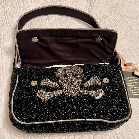 NWT Hand-Beaded Skull & Bones Purse Bag by From India To You, Black/Silver - Picture 8 of 17